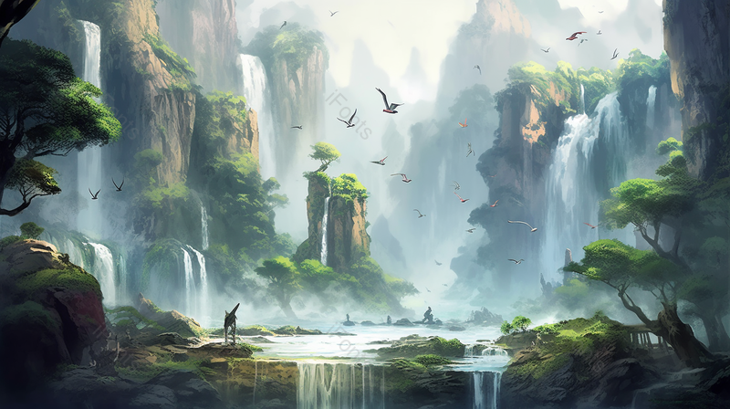 绿色植物国风自然风景山川河流瀑布壮观山水插画,插画/手绘图,插画/手绘图库,插画/手绘图下载,插画/手绘